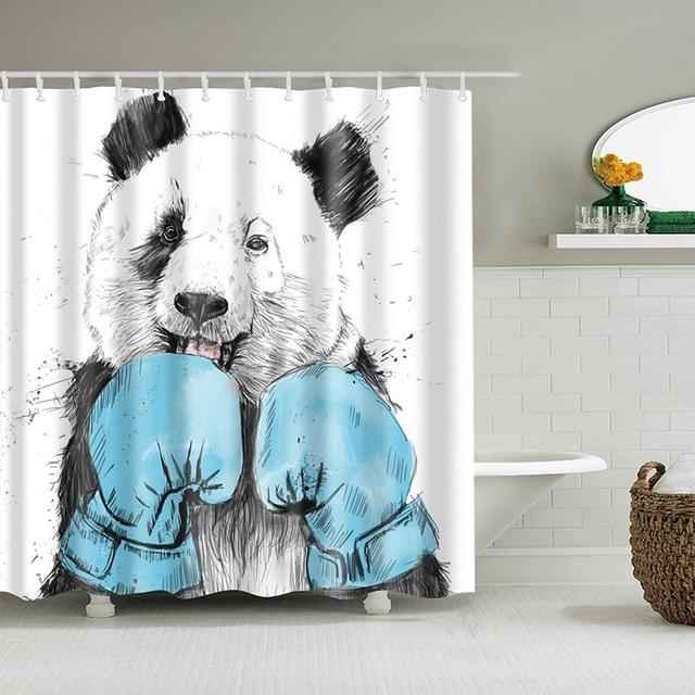 Pencil drawn panda wearing two large blue watercolour boxing gloves on white