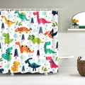Childlike green pink and orange dinosaurs scattered with fir trees on white