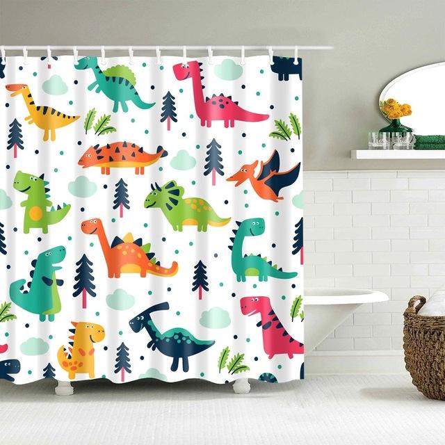 Childlike green pink and orange dinosaurs scattered with fir trees on white
