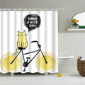 Line drawn yellow cat riding a bicycle with a cheerful speech bubble on white