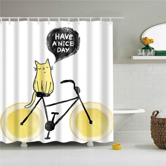Line drawn yellow cat riding a bicycle with a cheerful speech bubble on white