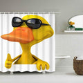 Bright yellow duck in black sunglasses giving a thumbs up on plain white