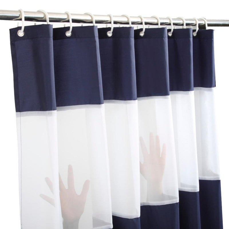 Upper hem of the navy panel with reinforced eyelets for shower hooks