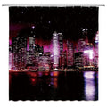 Lit skyscrapers between a magenta violet sky and its reflection on black water