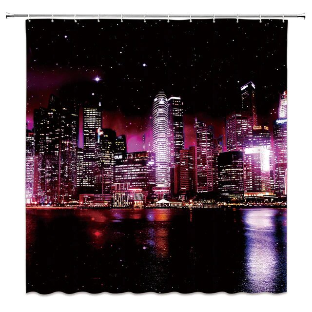 Lit skyscrapers between a magenta violet sky and its reflection on black water