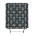 Gold damask medallions repeating across a midnight blue woven fabric panel