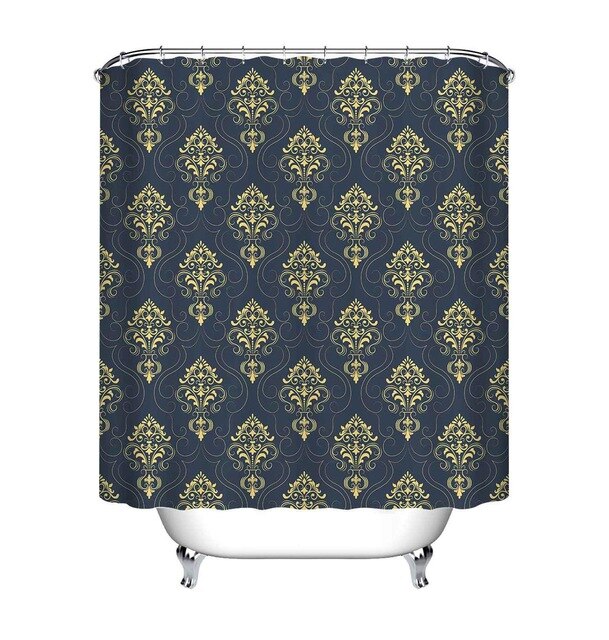 Gold damask medallions repeating across a midnight blue woven fabric panel