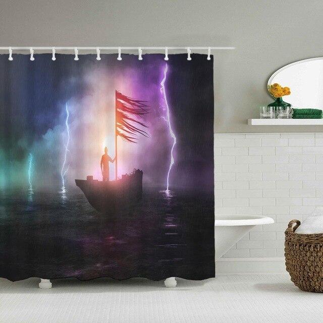 Small boat with a torn banner lit by blue lightning on a midnight sea