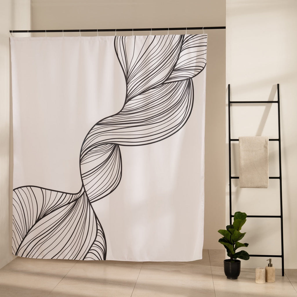 Ribbon of hundreds of fine black lines sweeping diagonally across the panel
