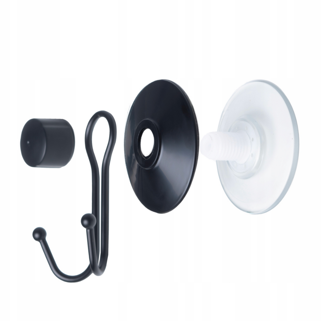 Side profile of the black double hook against pale bathroom tiling