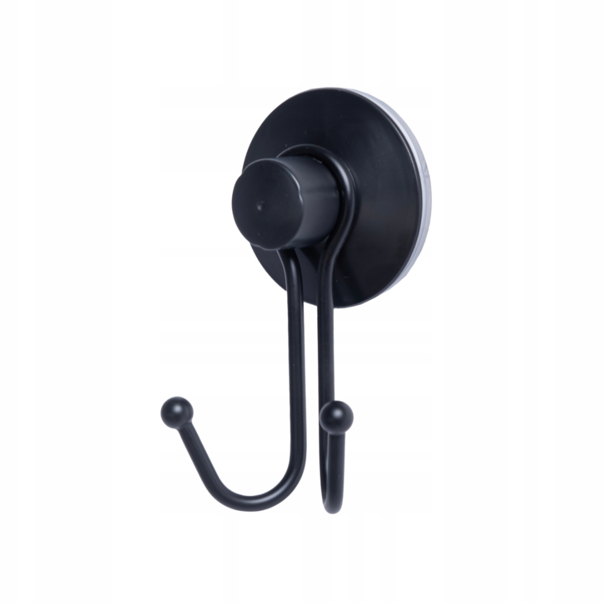 Black double hook fixed to a glass shower screen without drilling