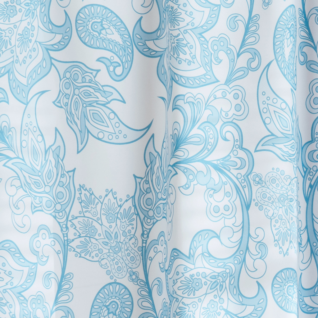 Upper hem of the dusty blue panel with its reinforced hanging eyelets