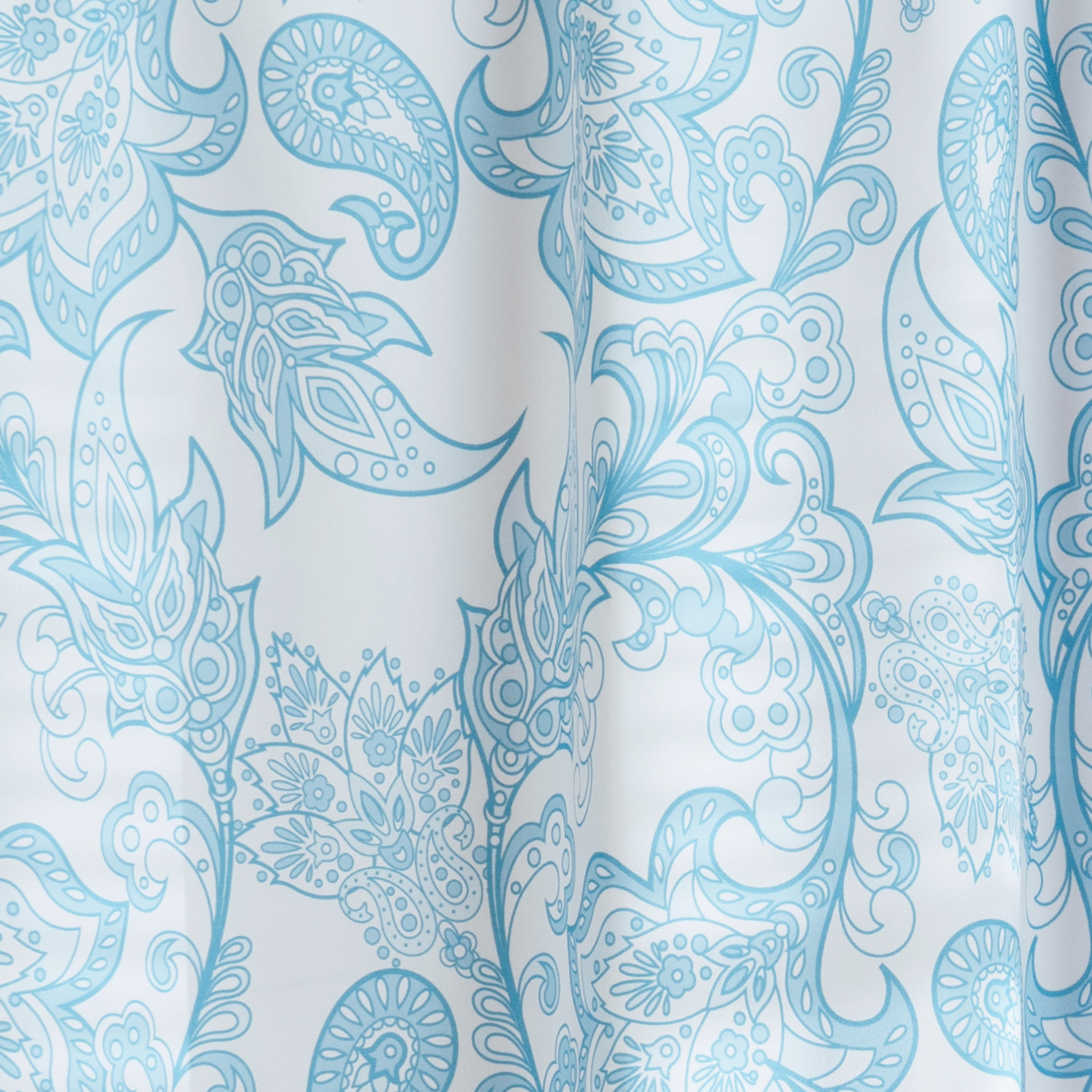 Upper hem of the dusty blue panel with its reinforced hanging eyelets