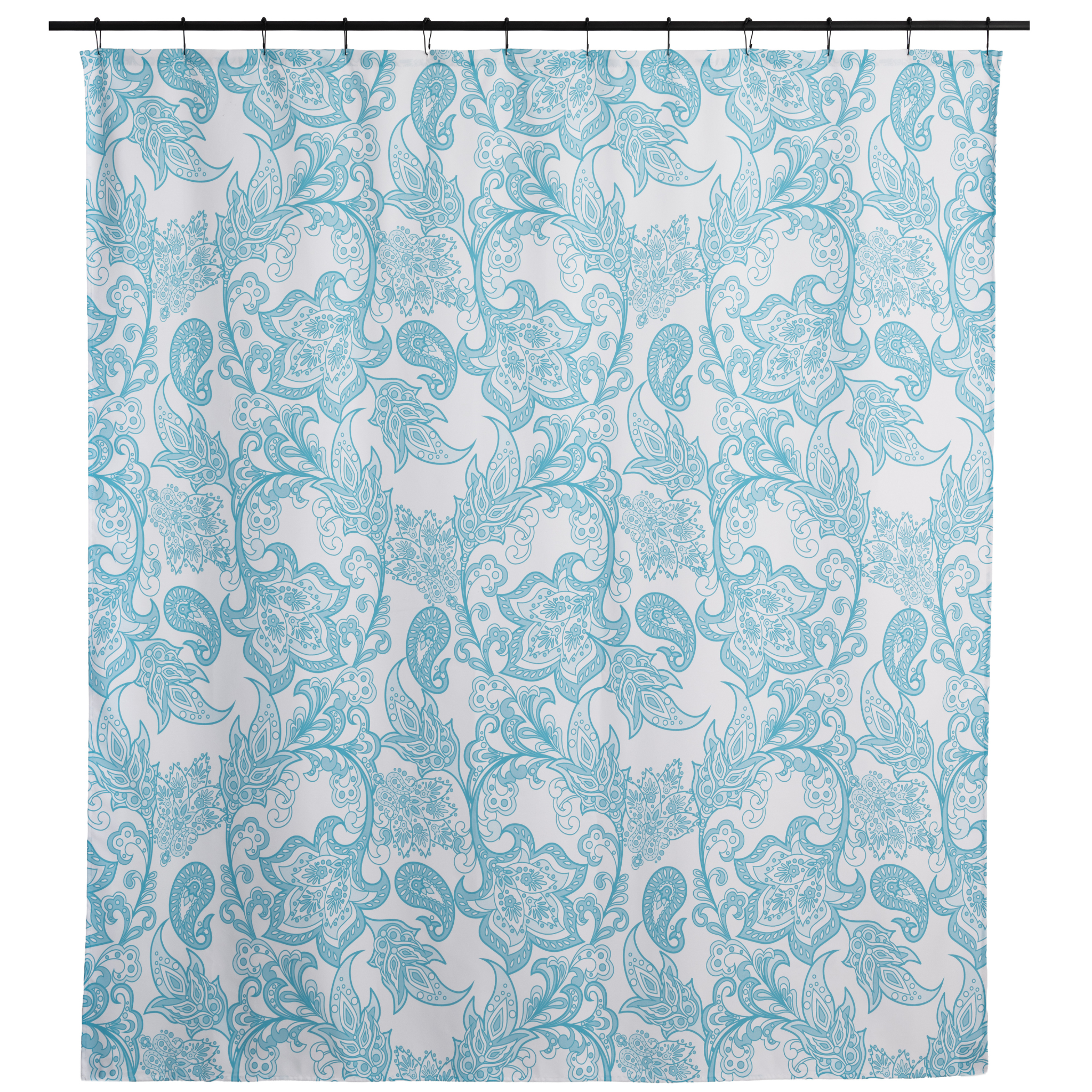 Dusty blue floral curtain styled in a bright bathroom in daylight