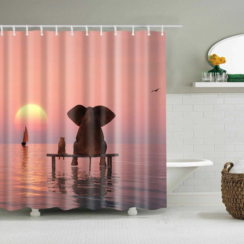 Elephant and small dog sitting on a jetty facing a powdery pink sunset