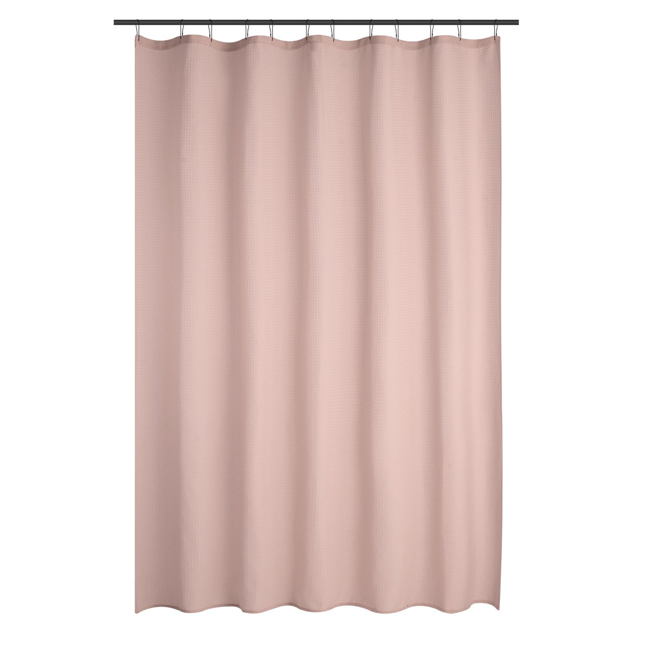 Dusty rose curtain styled in a soft bathroom with pale tiling