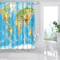 Physical world map with contoured blue oceans and shaded green ochre continents