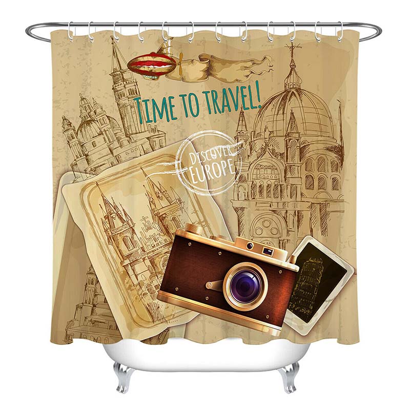 Brown film camera and notebook in the foreground of the travel print