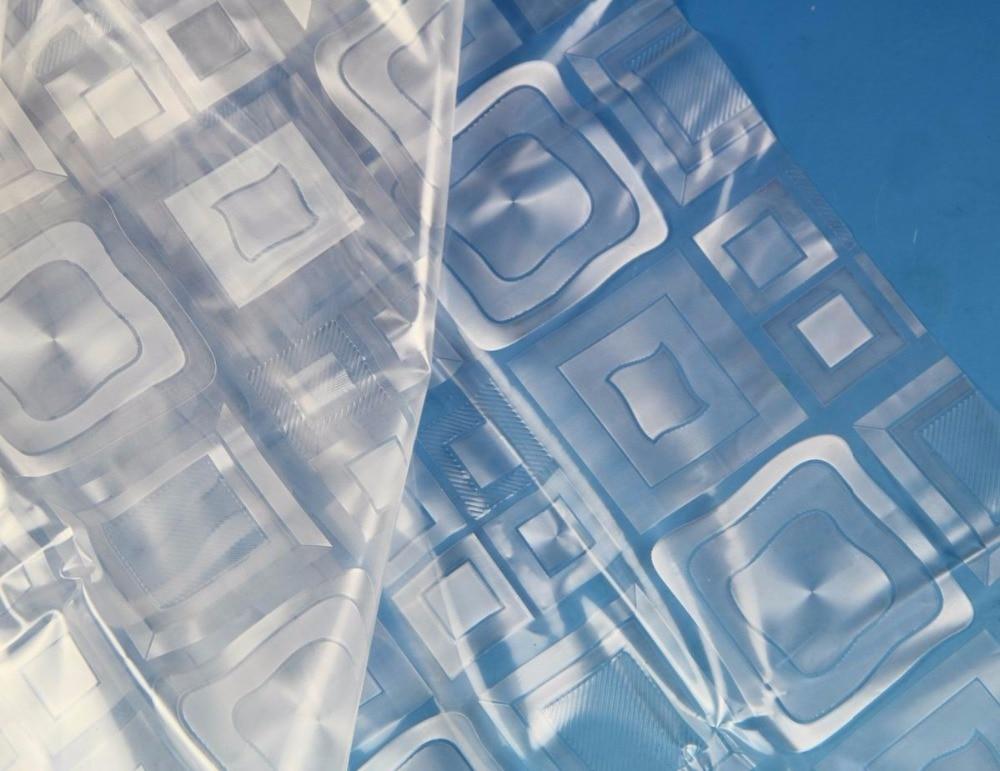 Close view of the silver square bands on supple clear material