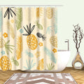 Ochre and mustard pineapples with palms and small aqua flowers on cream