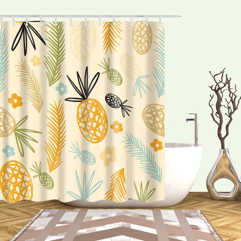 Ochre and mustard pineapples with palms and small aqua flowers on cream
