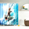 Brown bear riding a shark through a turquoise wave with white foam