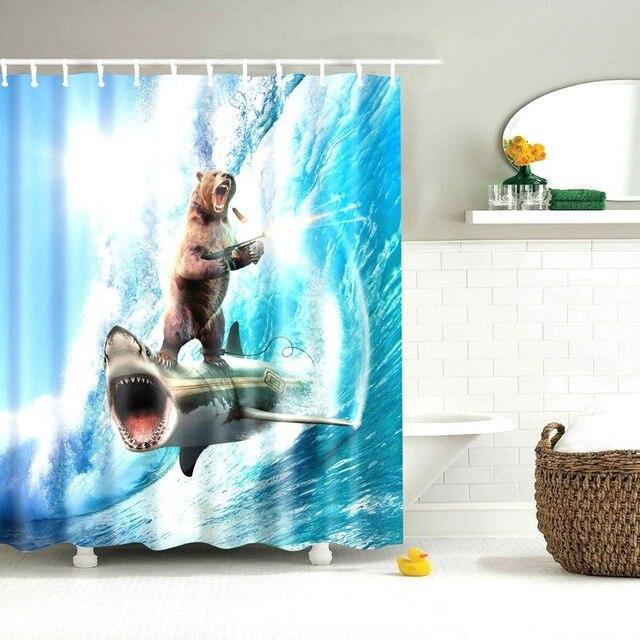 Brown bear riding a shark through a turquoise wave with white foam