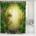 Tunnel of green foliage framing a flagstone path and a mushroom house