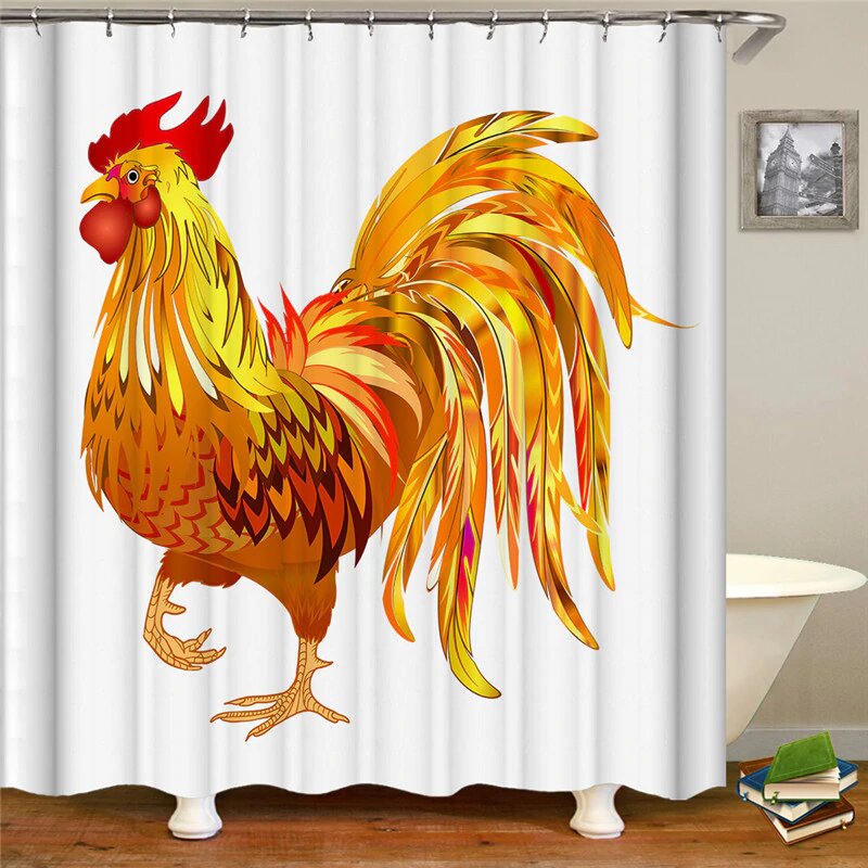 Illustrated rooster with gold orange and red plumage on a bare white ground