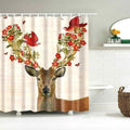 Brown stag with red flowering branches and two red birds in its antlers