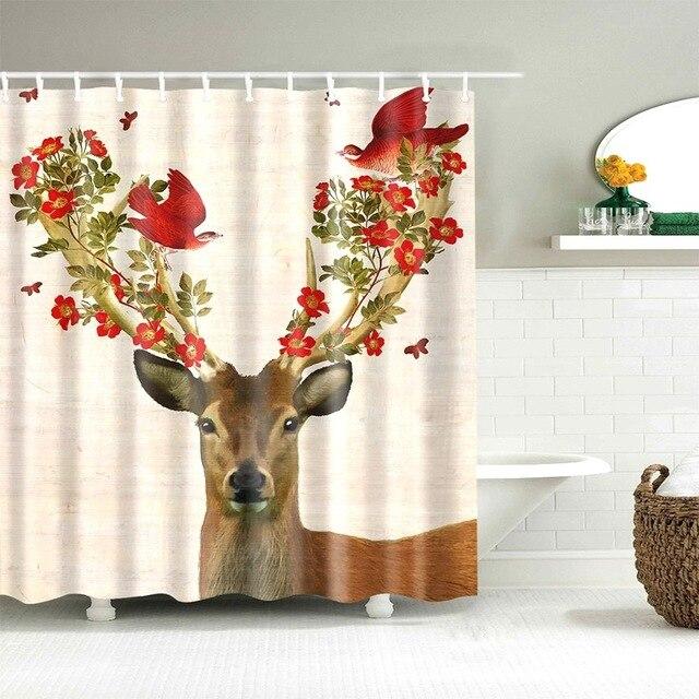 Brown stag with red flowering branches and two red birds in its antlers