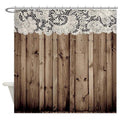 White lace band running above rustic brown plank boards on the panel