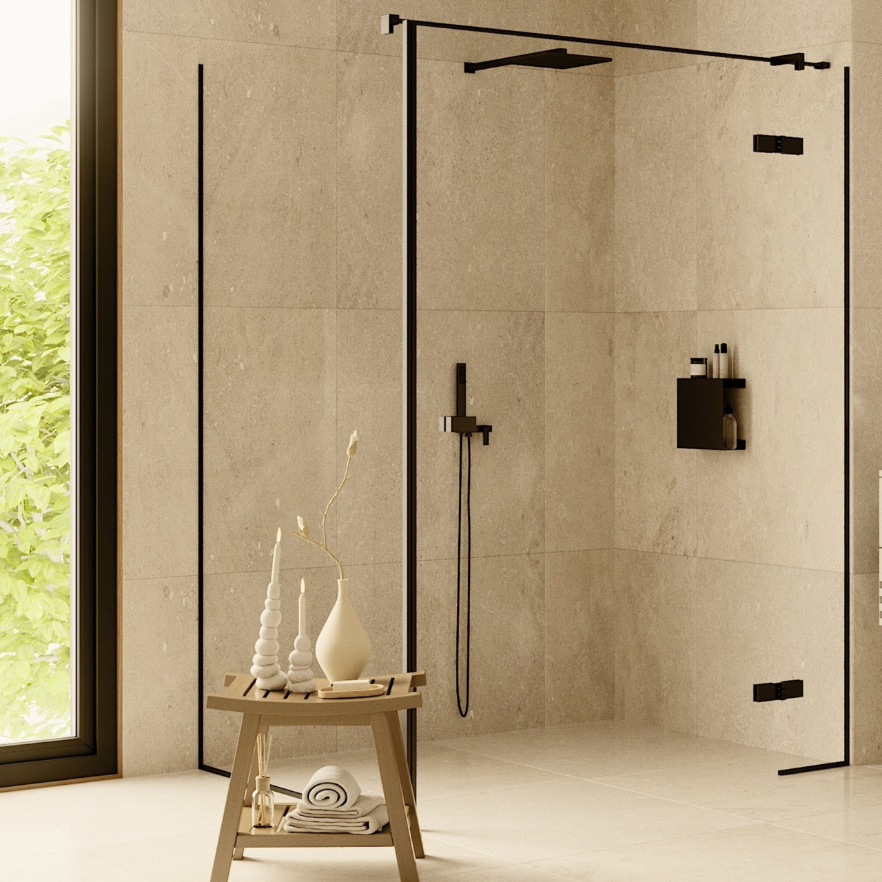 Close view of the concealed mount shelf holding bottles on tile