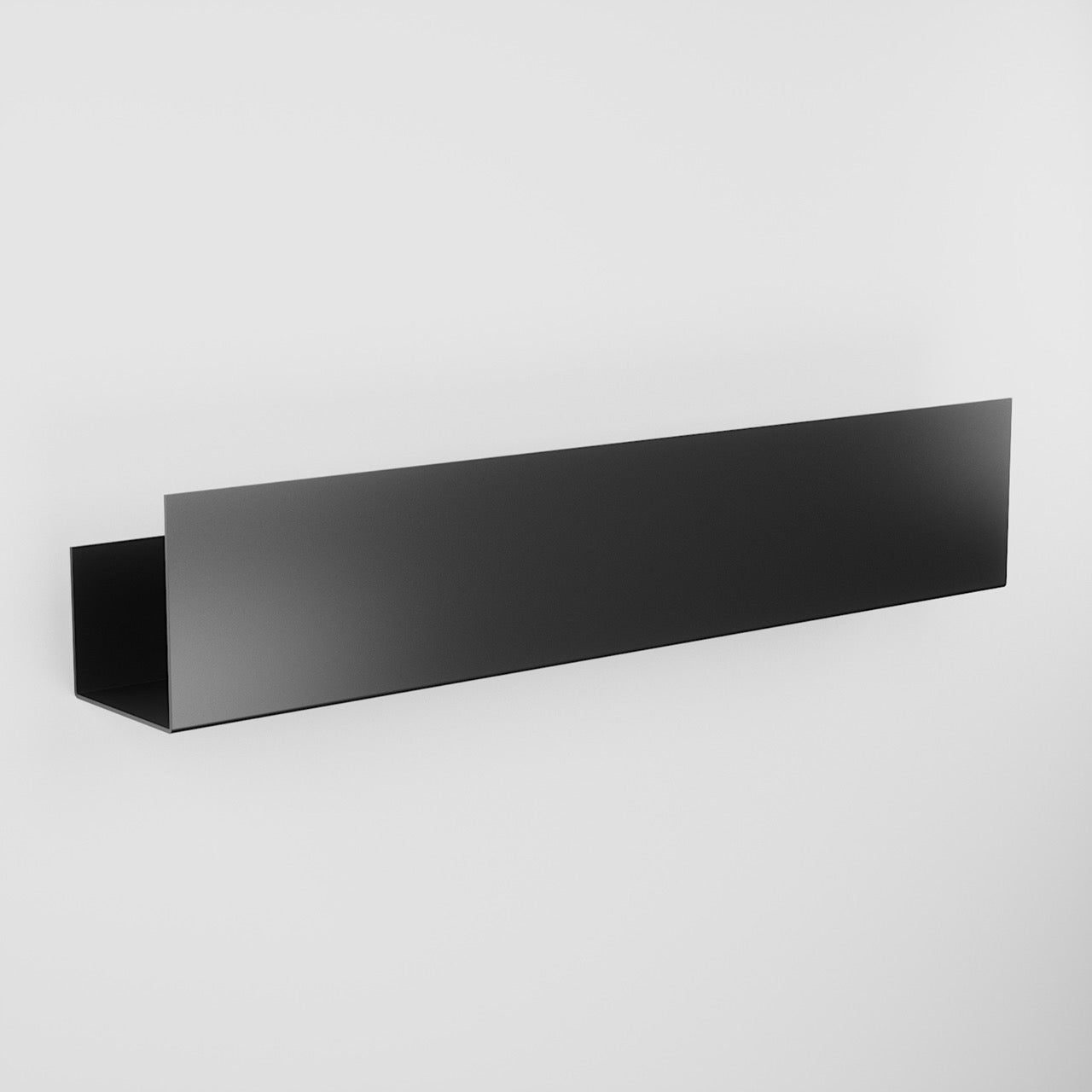 Side profile of the large black stainless shelf against pale tiling