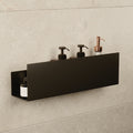 Medium black stainless steel floating shelf mounted on a tiled wall
