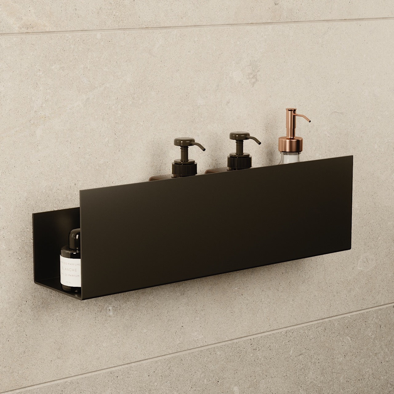 Medium black stainless steel floating shelf mounted on a tiled wall