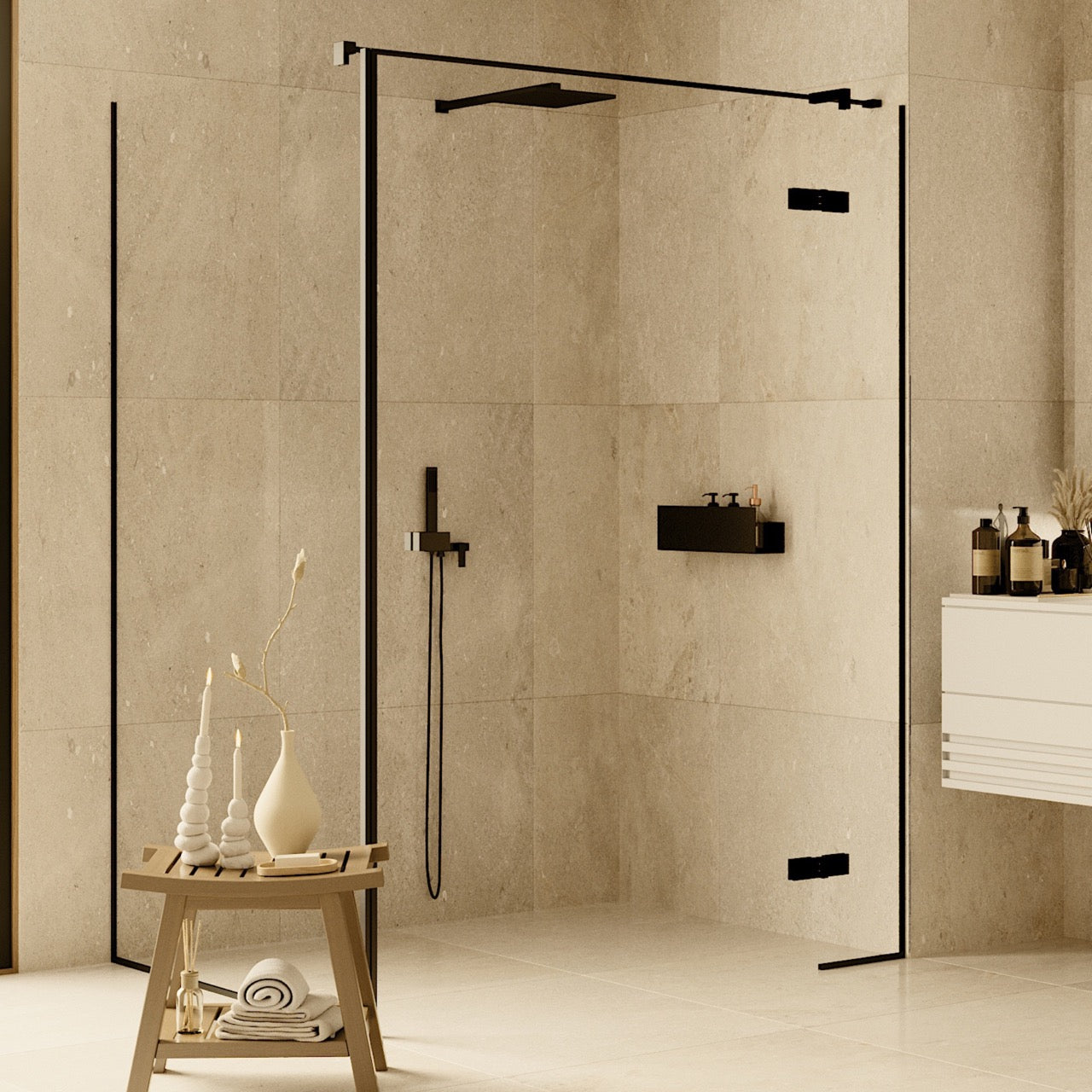 Medium black shelf holding several shampoo bottles above the tiles