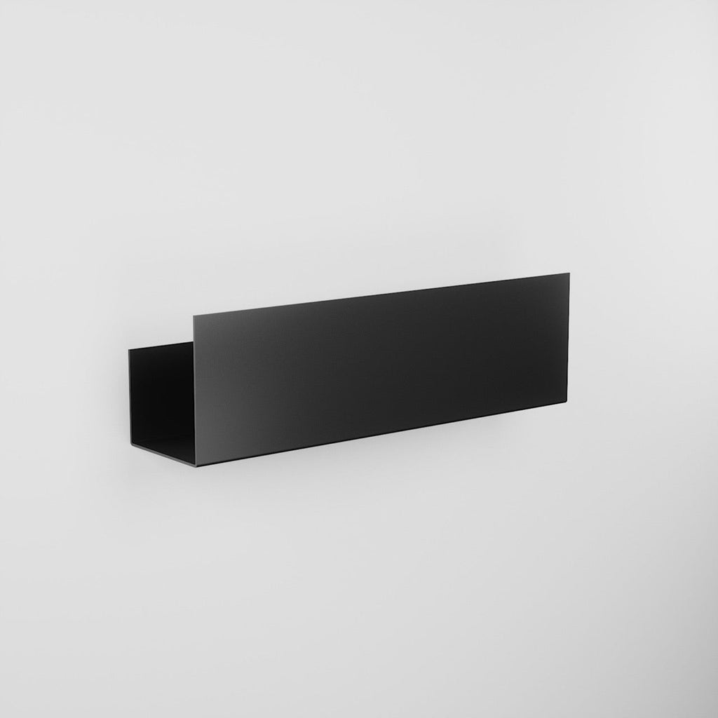 Side profile of the medium black stainless shelf and its bracket
