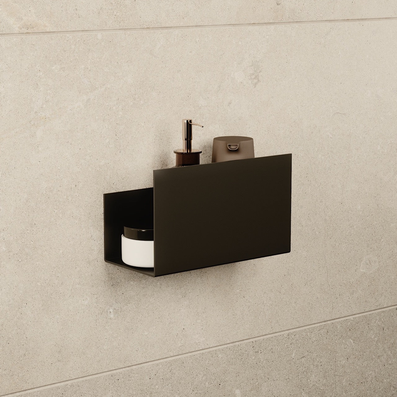 Small black stainless steel floating shelf mounted on a tiled shower wall