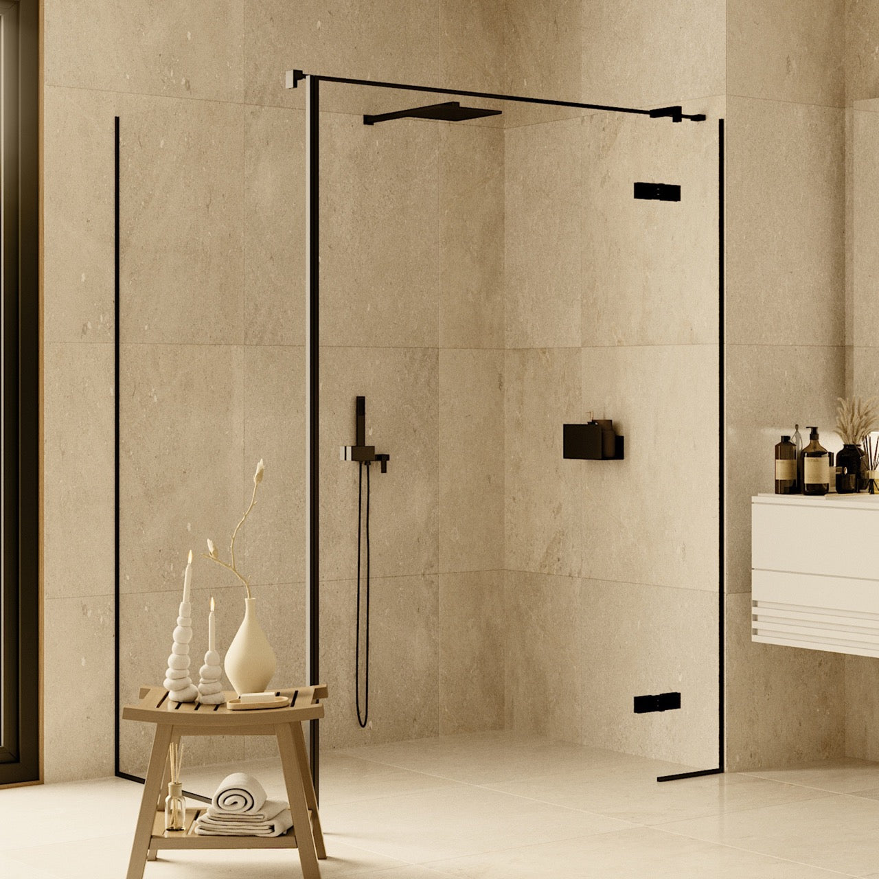 Side profile of the slim black stainless shelf against pale tiling