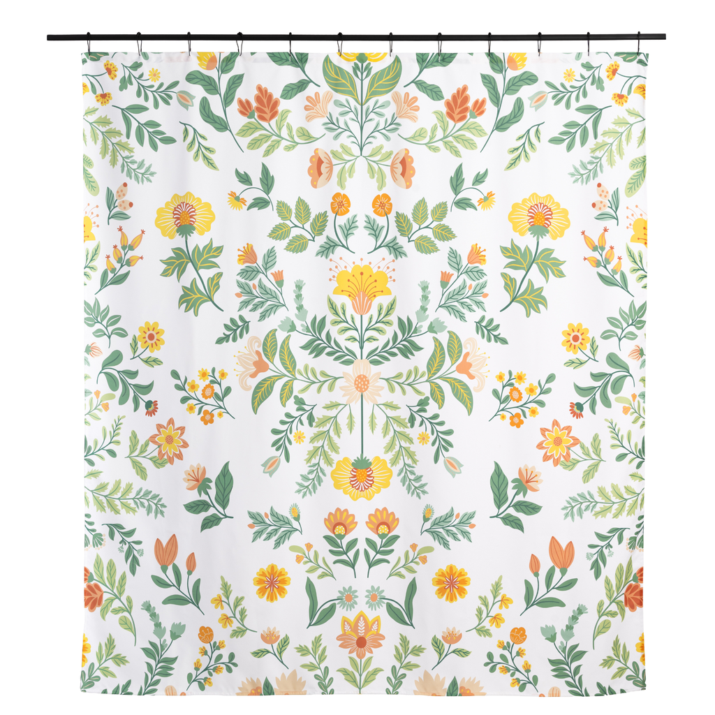 Floral curtain styled in a bright bathroom with white tiled walls
