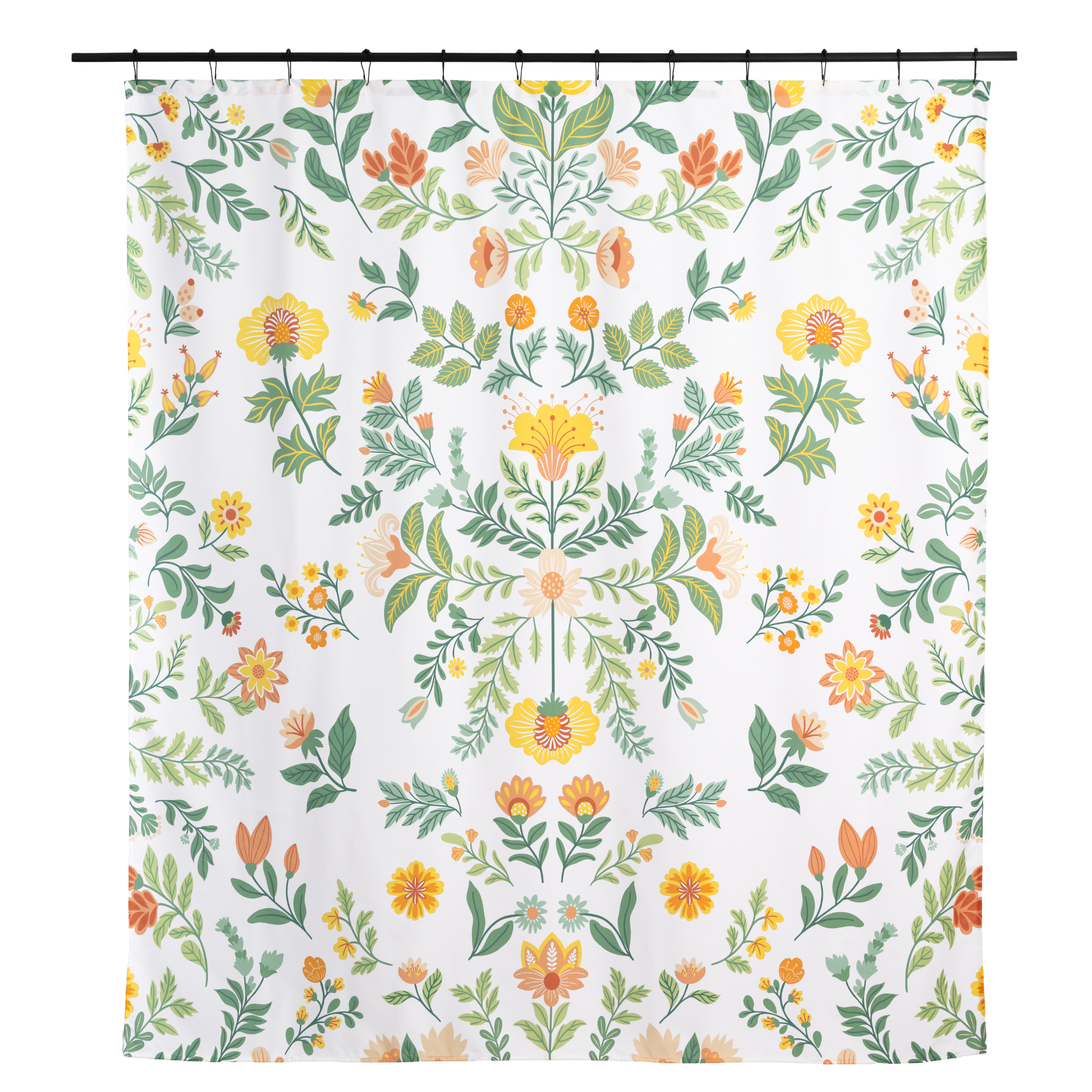 Floral curtain styled in a bright bathroom with white tiled walls