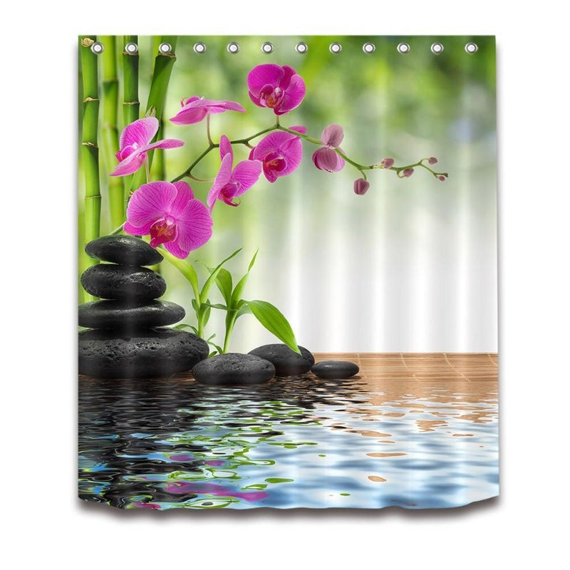Close view of orchid blooms and water reflections across the curtain panel