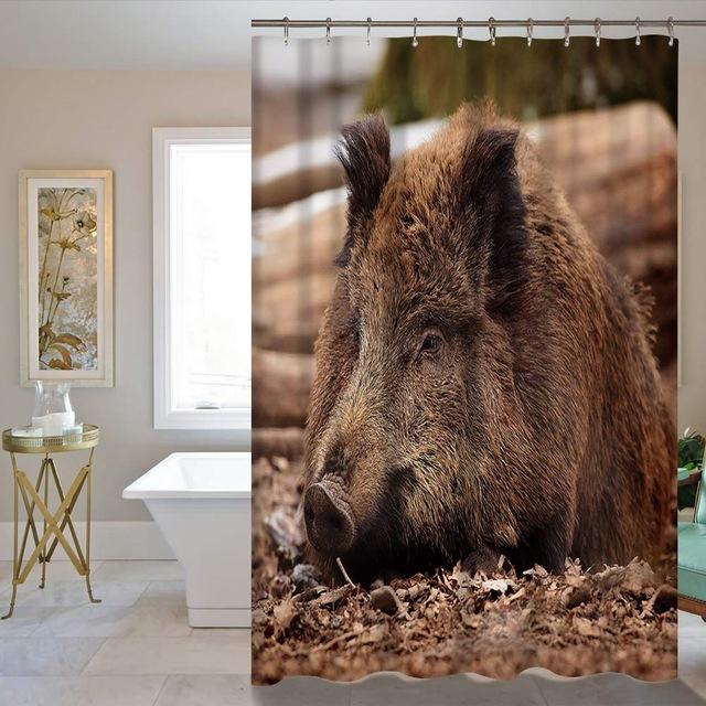 Wild boar in profile among fallen leaves and blurred trunks in warm browns