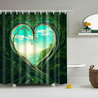 Deep green woodland with two trunks forming a heart around a bright clearing
