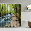 Plank walkway crossing a stream between dense green undergrowth and slender trunks