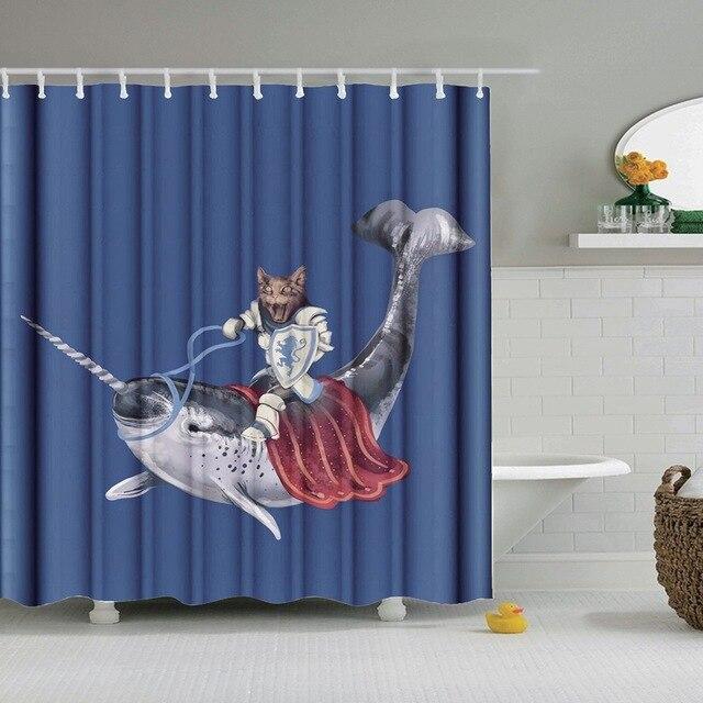 Armoured cat with a blue shield riding a caped narwhal on flat slate blue