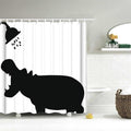Black hippo silhouette with open mouth beneath a drawn shower head on white
