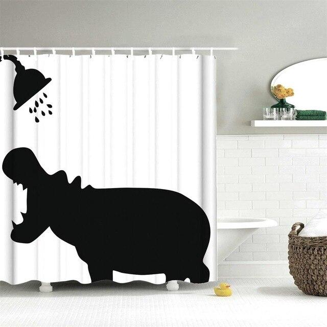 Black hippo silhouette with open mouth beneath a drawn shower head on white