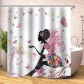 Black fairy silhouette with pink butterfly wings in a dress of flowers